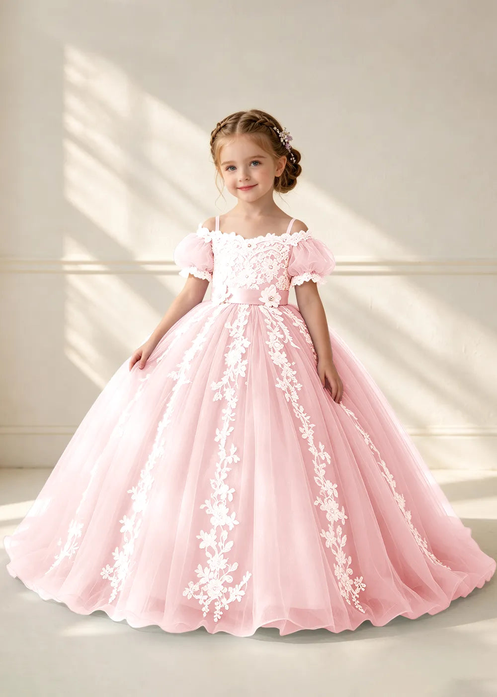 Puff Sleeve Floral Lace Flower Girl Ball Gown Dress