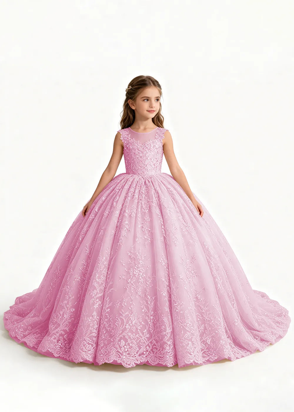 Champagne Flower Girl Gown with Floral Lace and Train