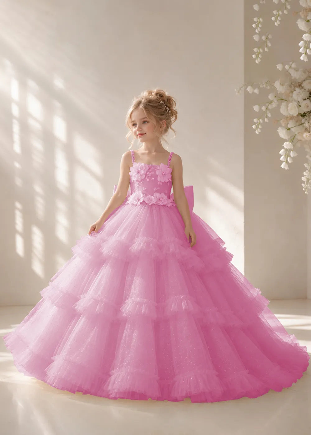 Front view of a child wearing a pearl pink flower girl dress with beaded spaghetti straps, a bodice covered in three-dimensional fabric flowers and a multi-tiered tulle skirt.
