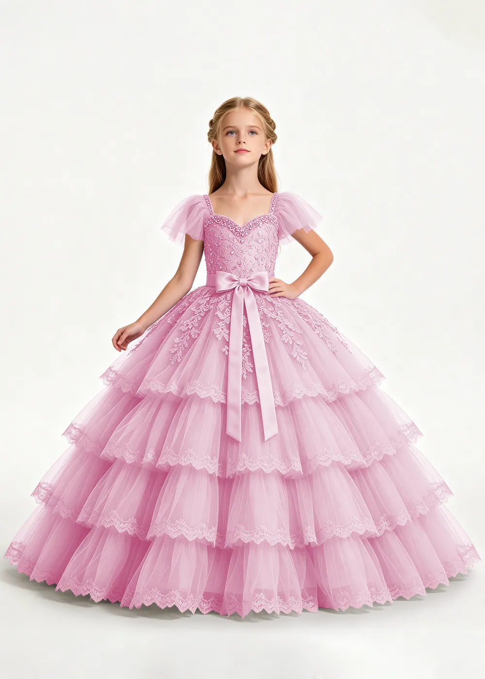Pale Lavender Four-Tier Flower Girl Gown with Front Bow