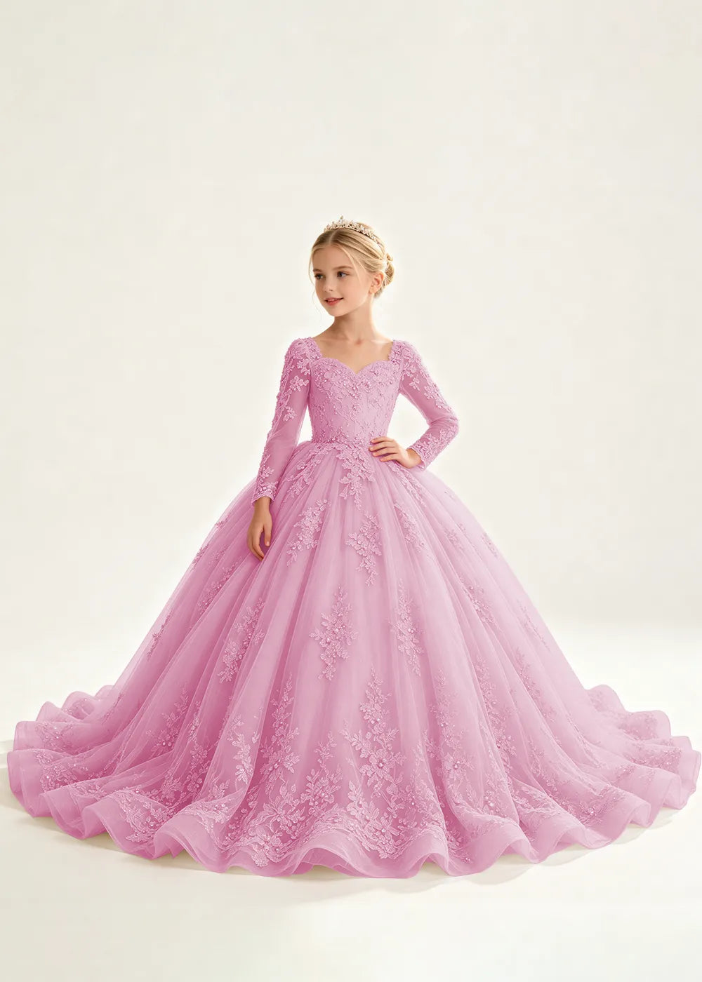 Flower Girl Dress with Long Lace Sleeves and Train