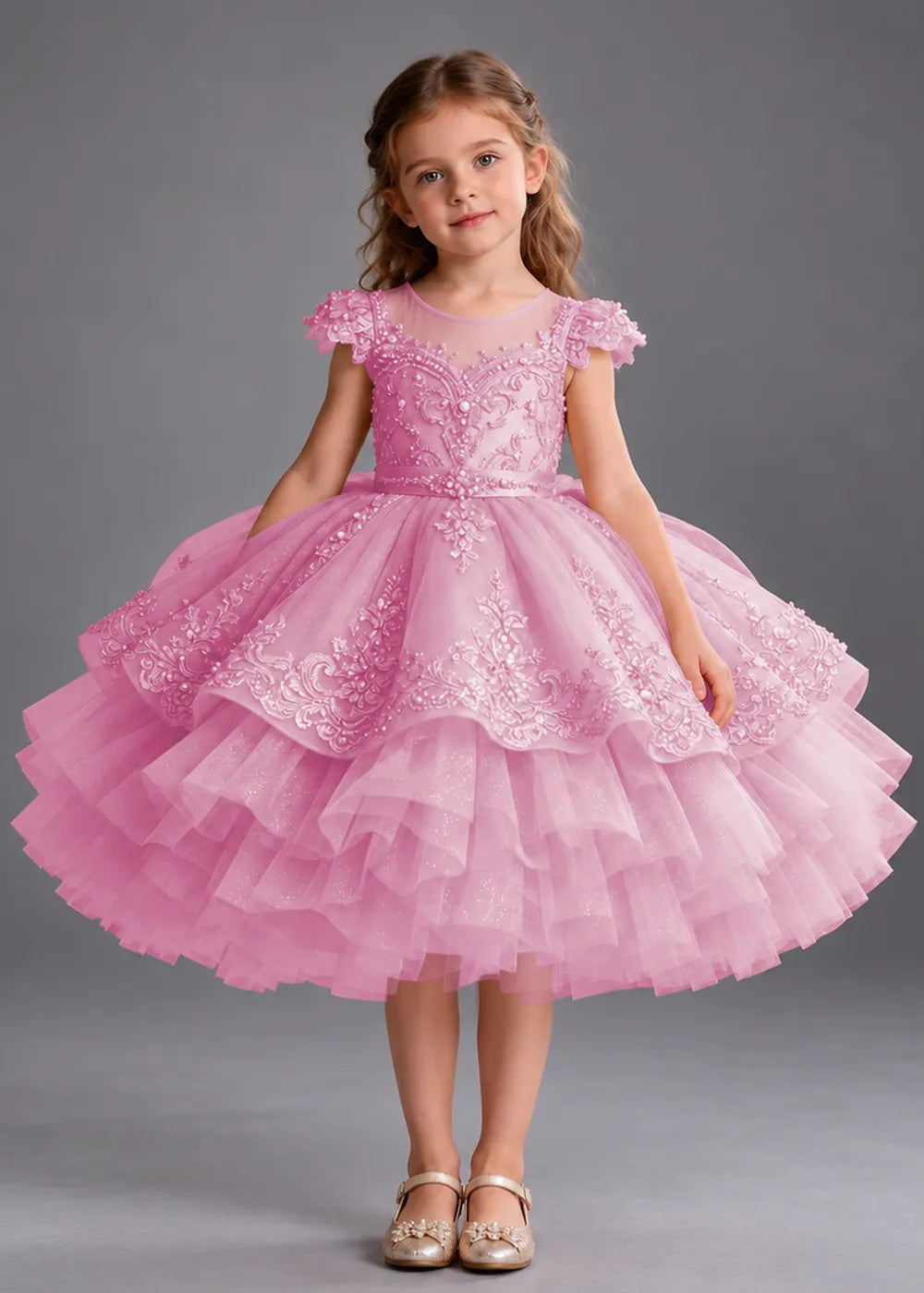 Gold Knee-Length Flower Girl Dress with Scalloped Lace Overlay