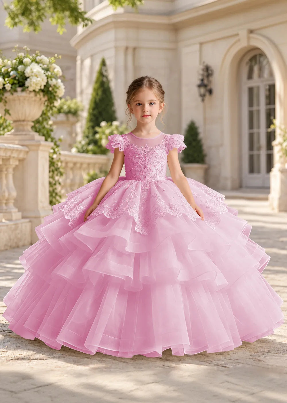 White Flower Girl Ball Gown with Scalloped Lace and Tiered Ruffles