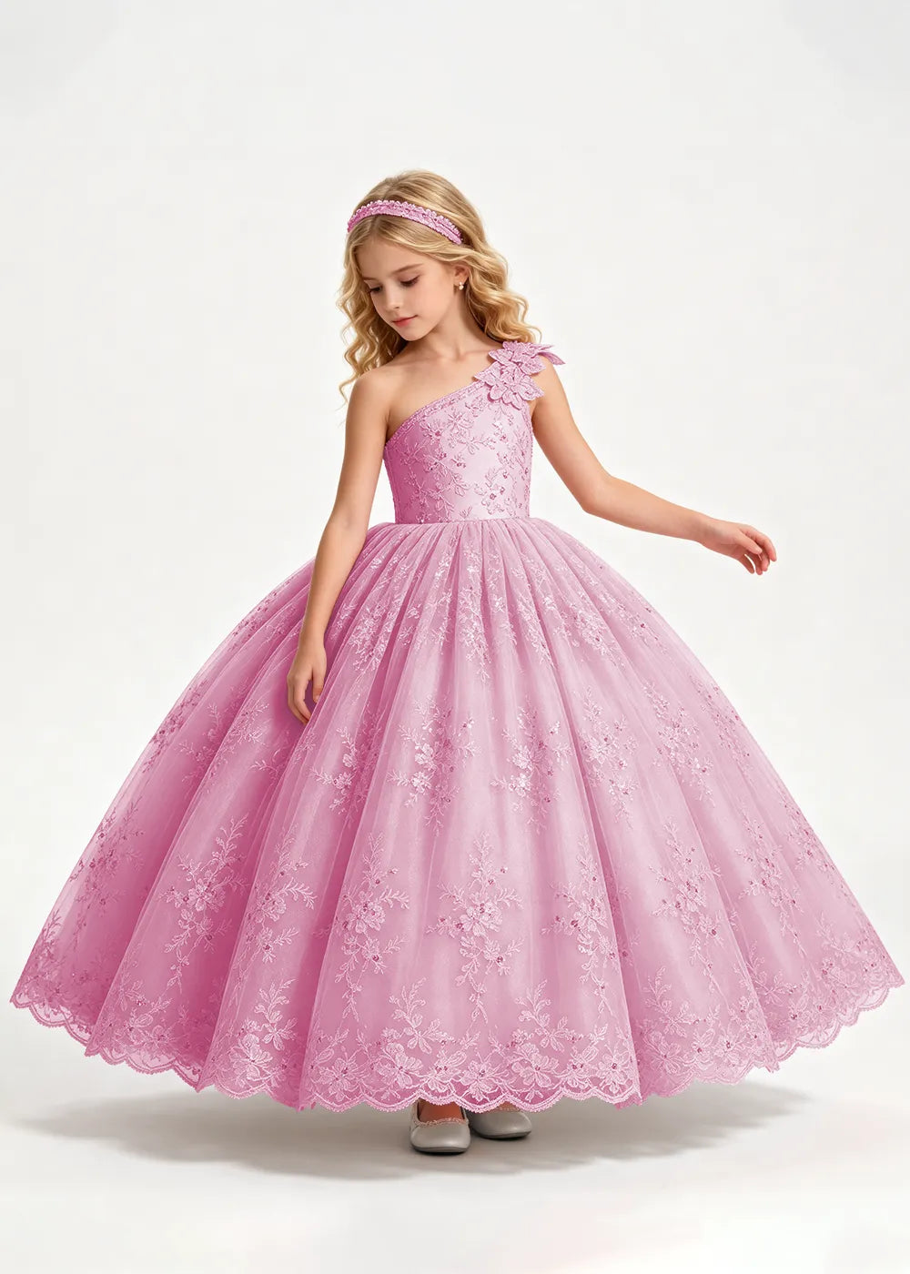 Warm Pale Blush One-Shoulder Flower Girl Gown with Scalloped Lace