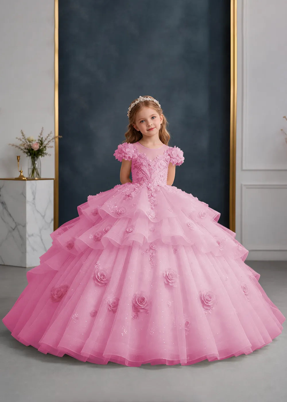 Pink Rose-Applique Flower Girl Ball Gown with Cascading Ruffles