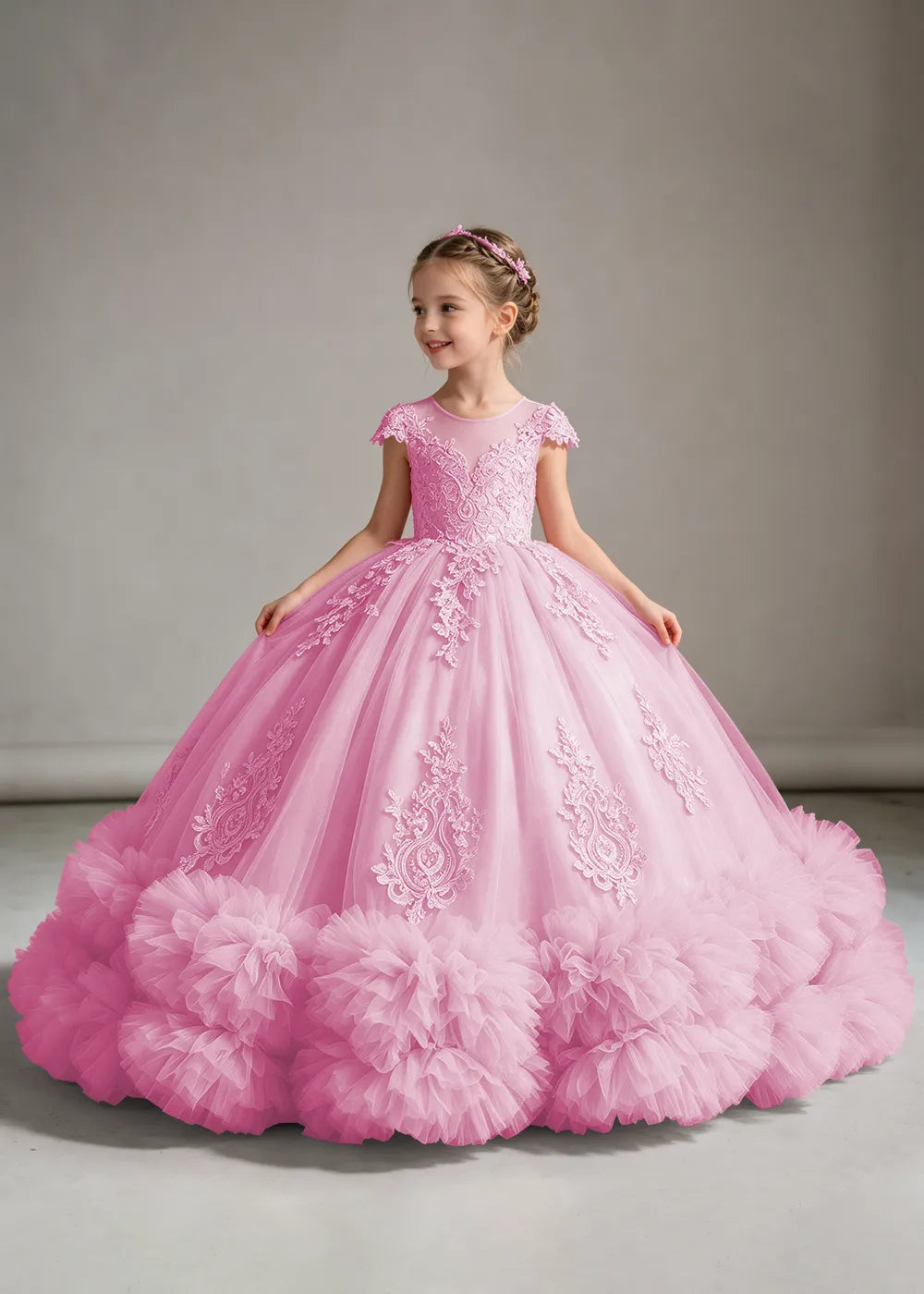 Pink Flower Girl Ball Gown with Floral Bodice and Ruffle Hem