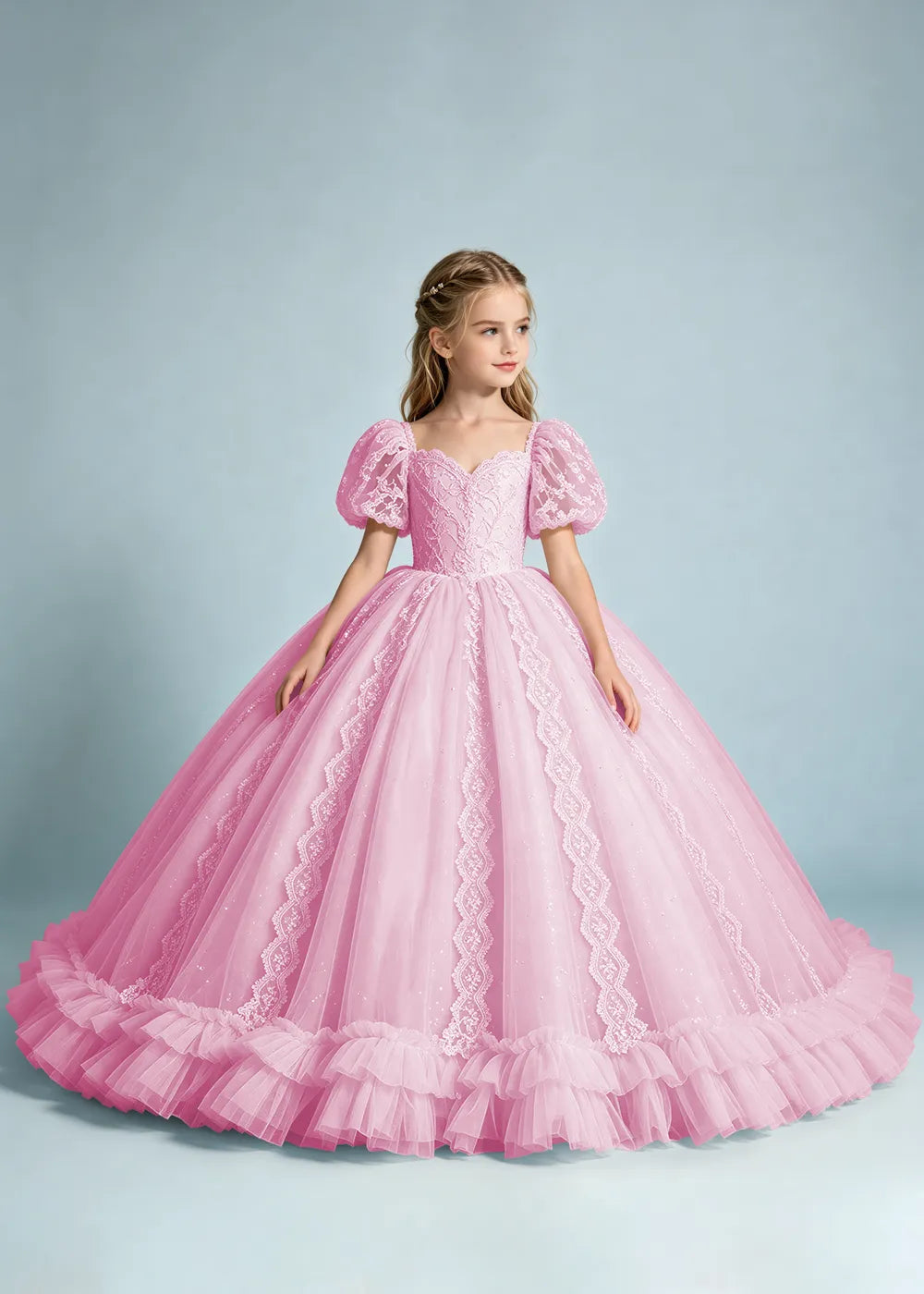 Warm Ivory Flower Girl Gown with Puff Sleeves and Ruffled Hem
