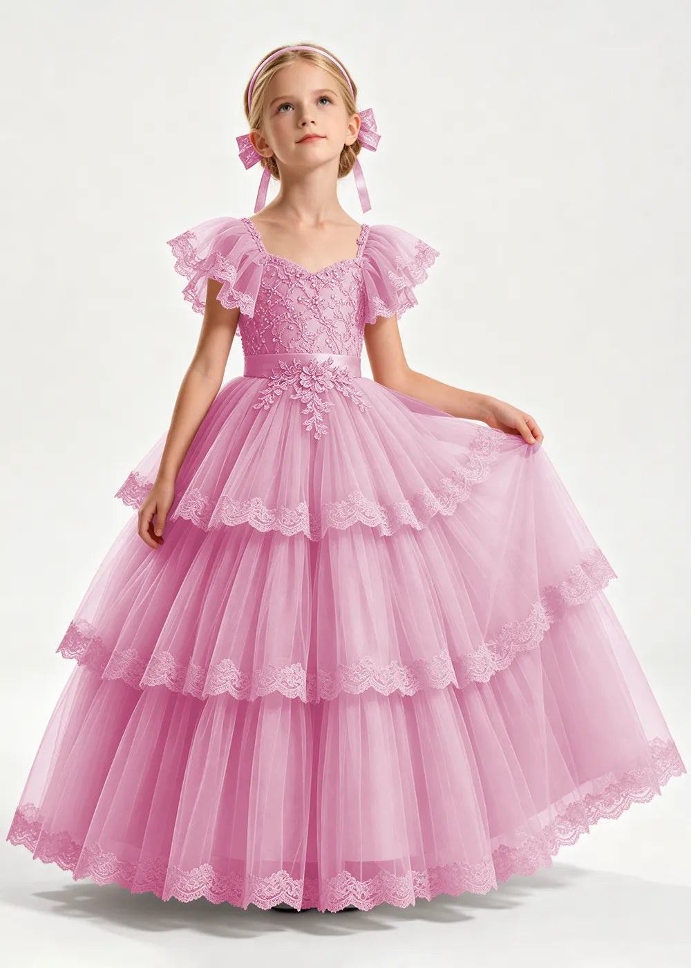Warm Blush Pink Flower Girl Ball Gown with Three Lace-Edged Tiers