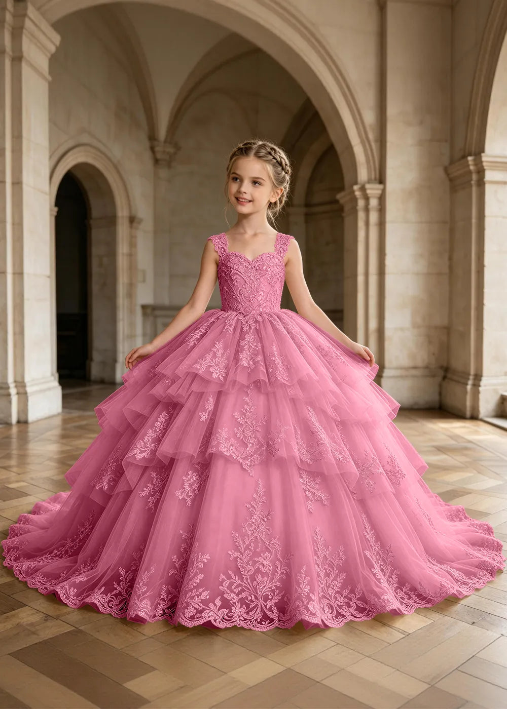 Tiered Lace Sleeveless Flower Girl Ball Gown Dress