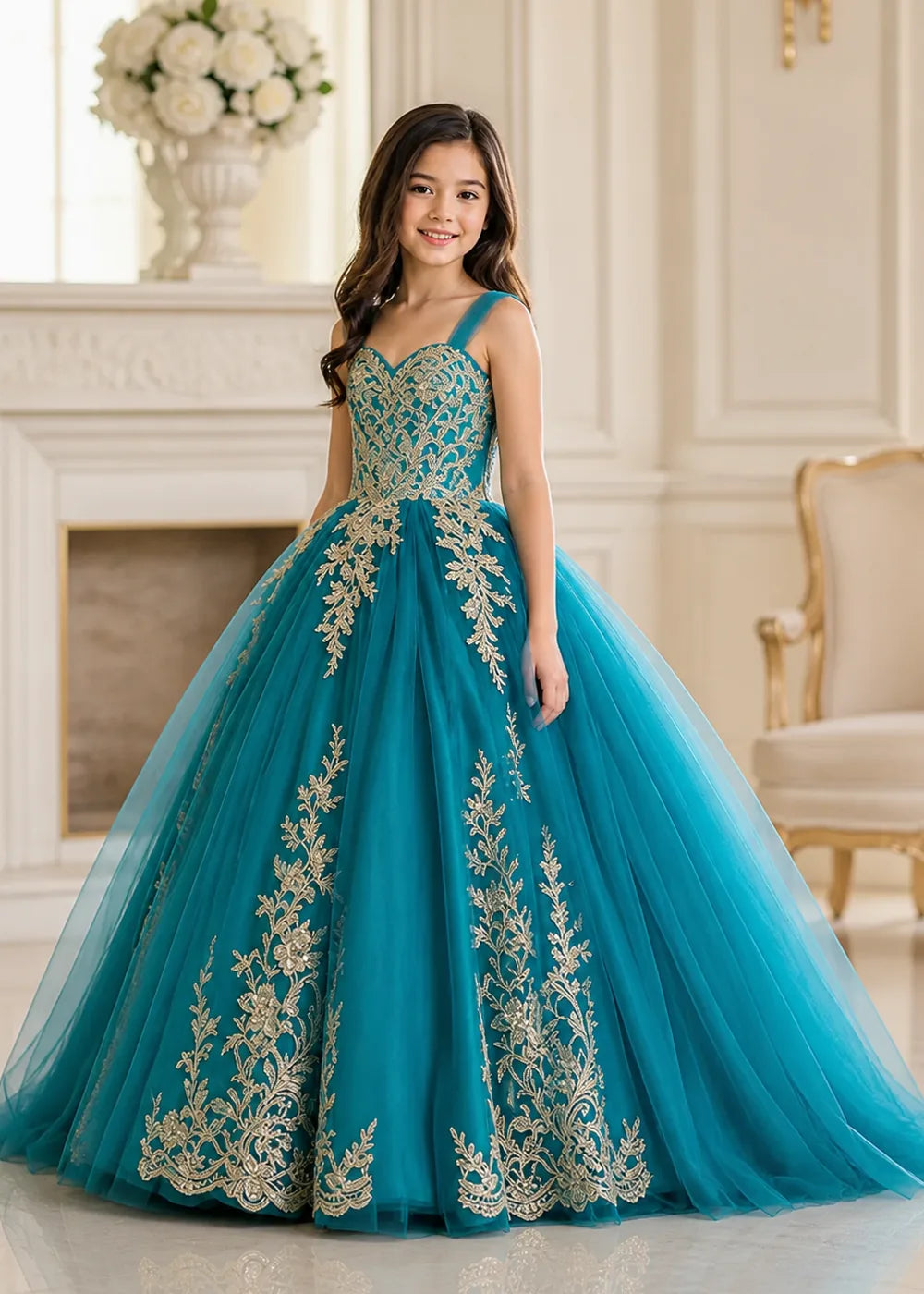 Metallic Appliqué Princess Dress for Girls