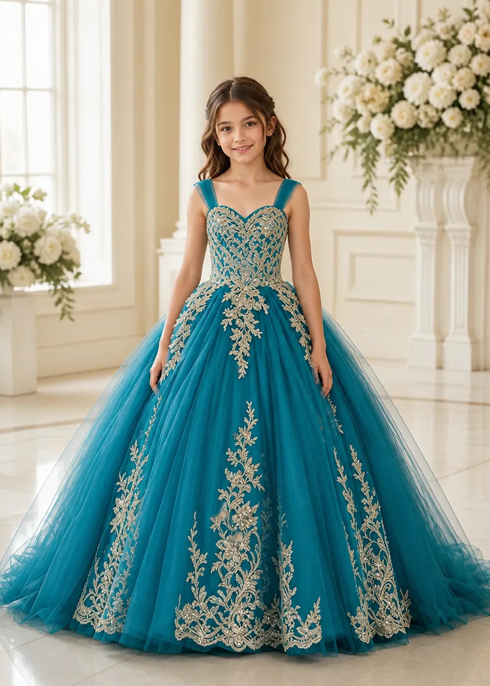 Metallic Appliqué Princess Dress for Girls
