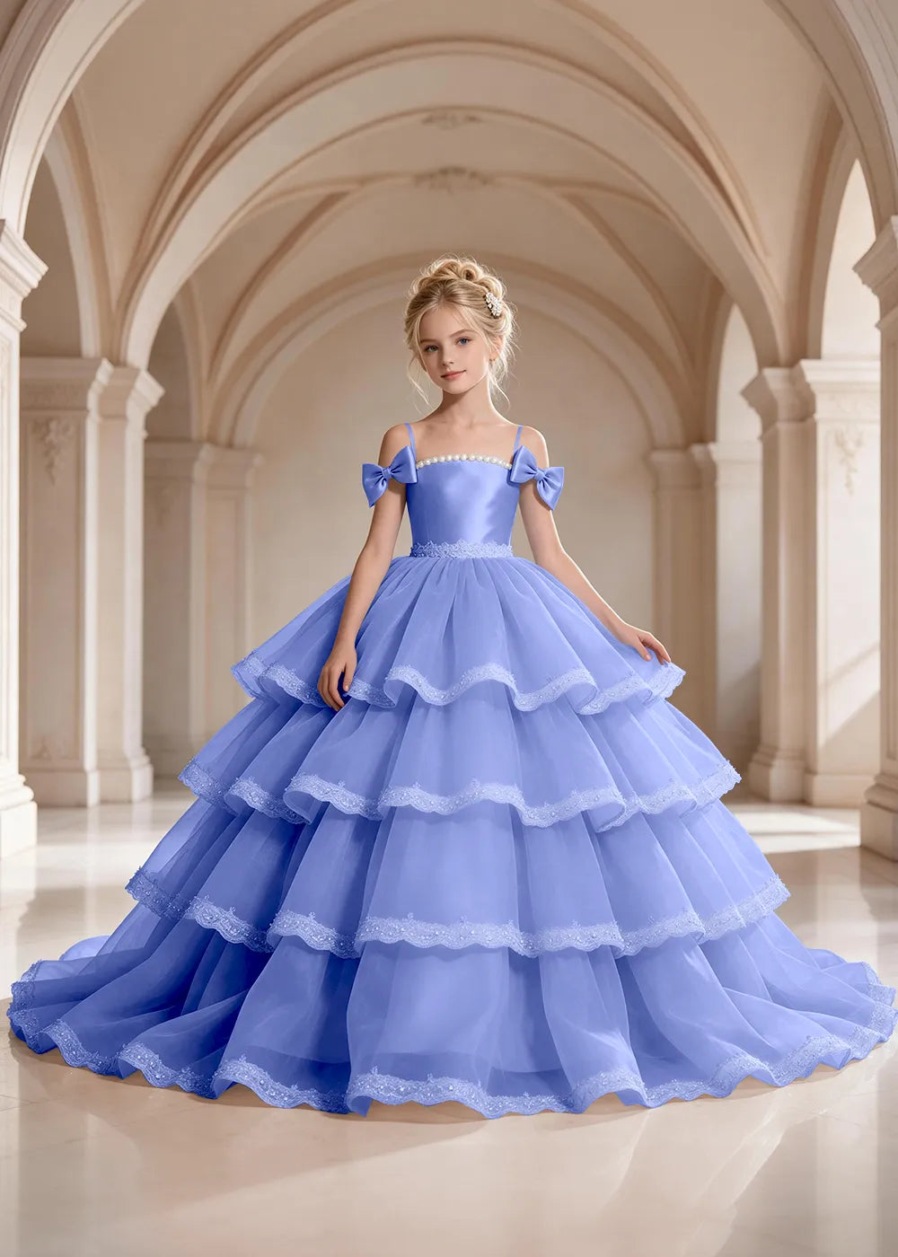 Light Blue Four-Tier Bow-Shoulder Flower Girl Dress