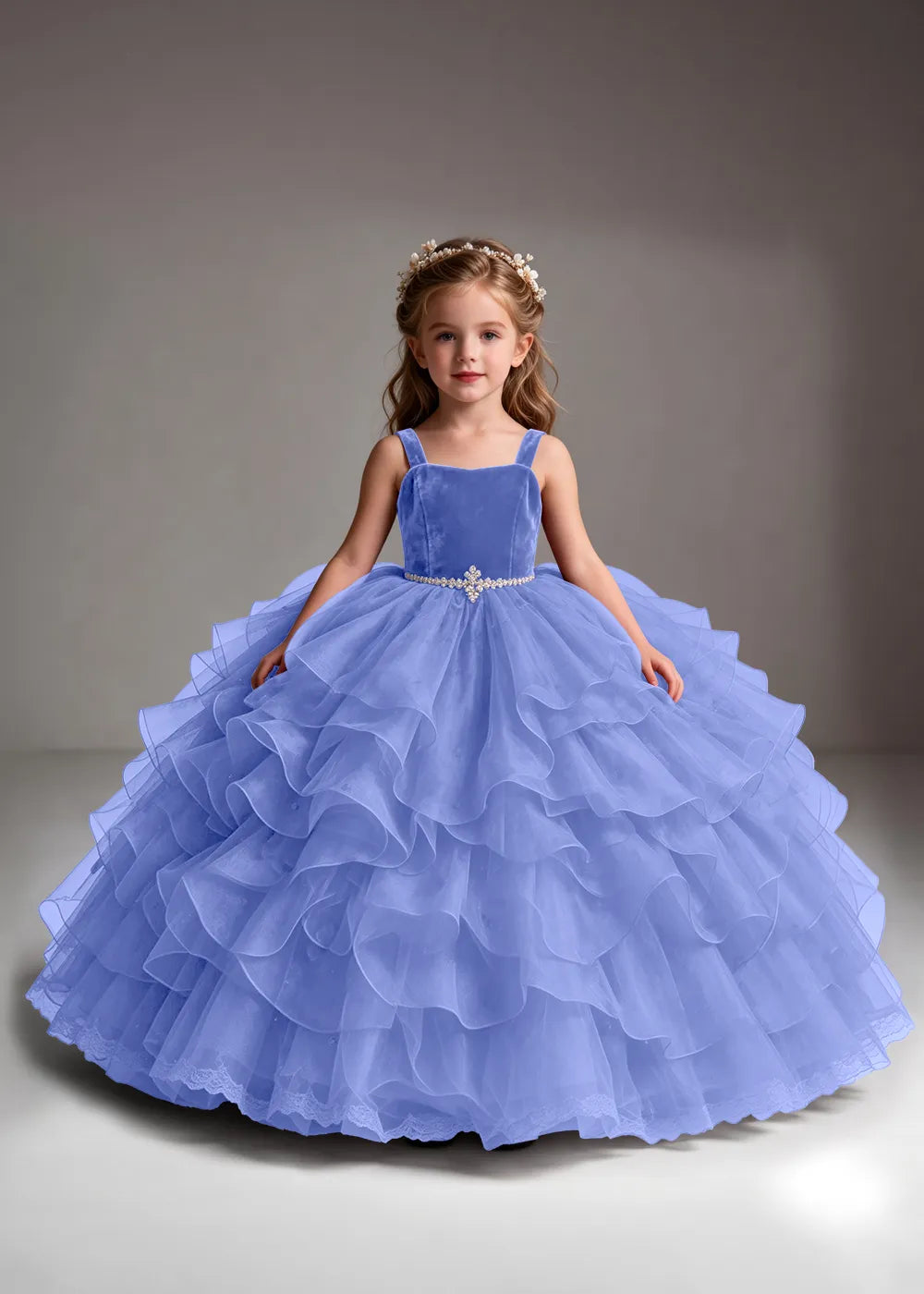 White Flower Girl Dress with Cascading Ruffles and a Square Neckline