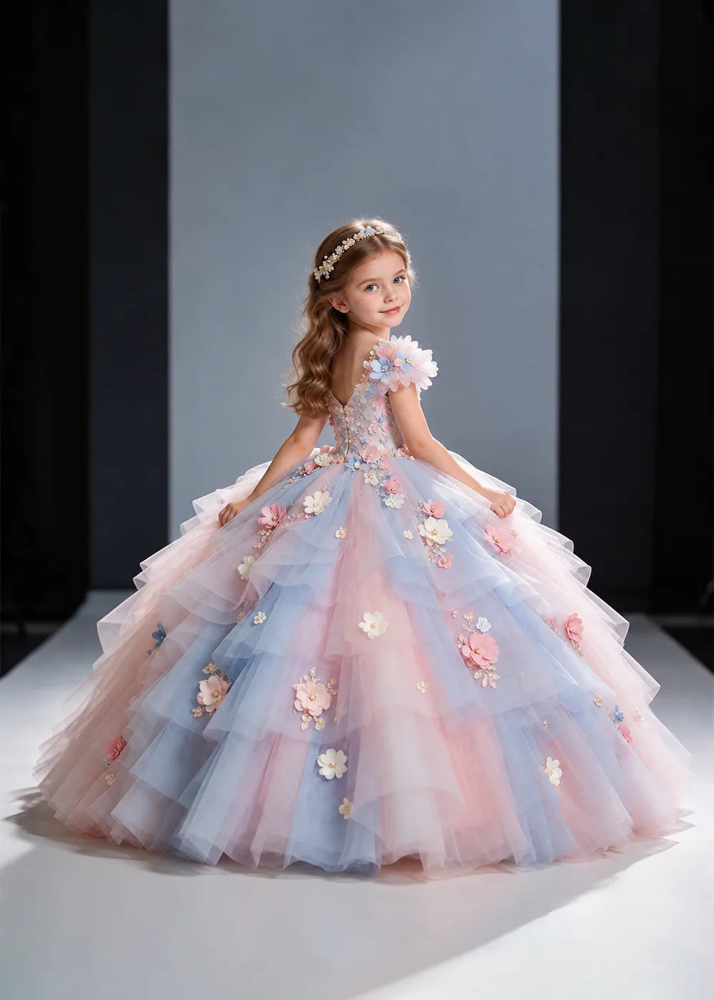 Pink and Blue Flower Girl Ball Gown with Floral Tiers
