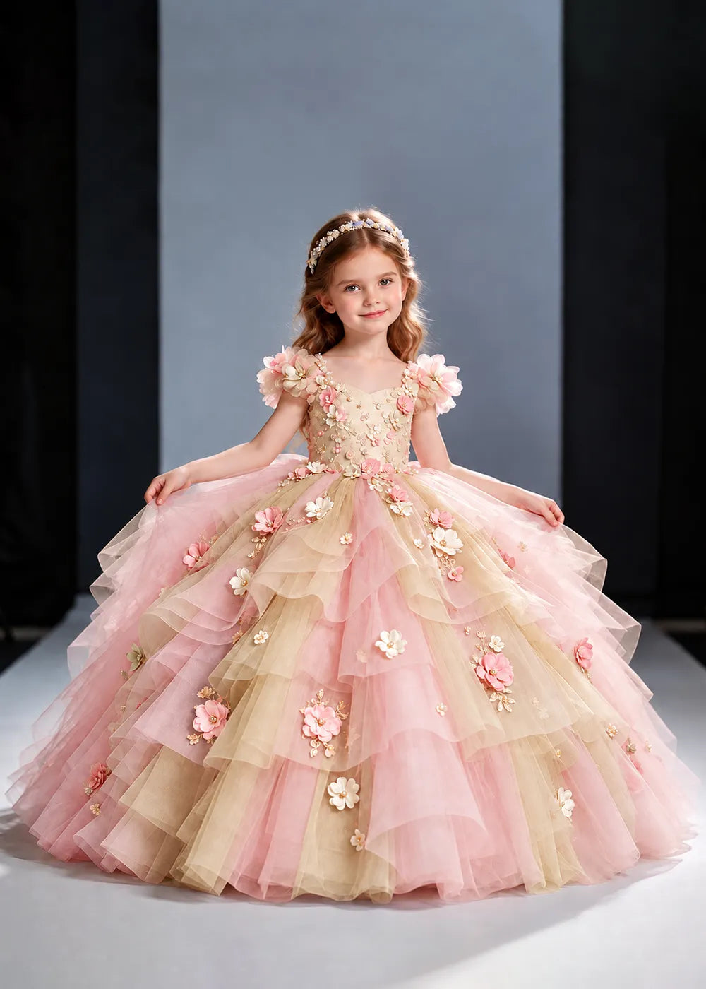 Pink and Blue Flower Girl Ball Gown with Floral Tiers