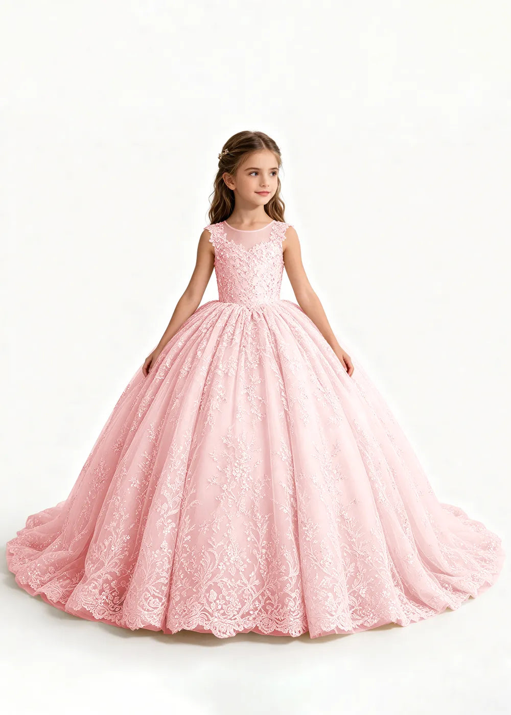 Champagne Flower Girl Gown with Floral Lace and Train