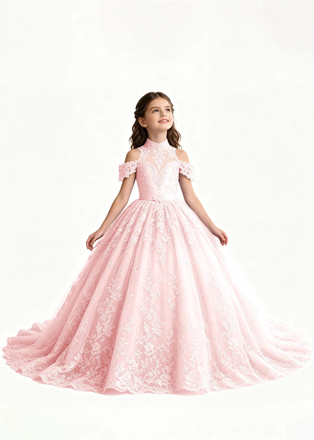 Lavender Flower Girl Gown with Floral Neckline and Train
