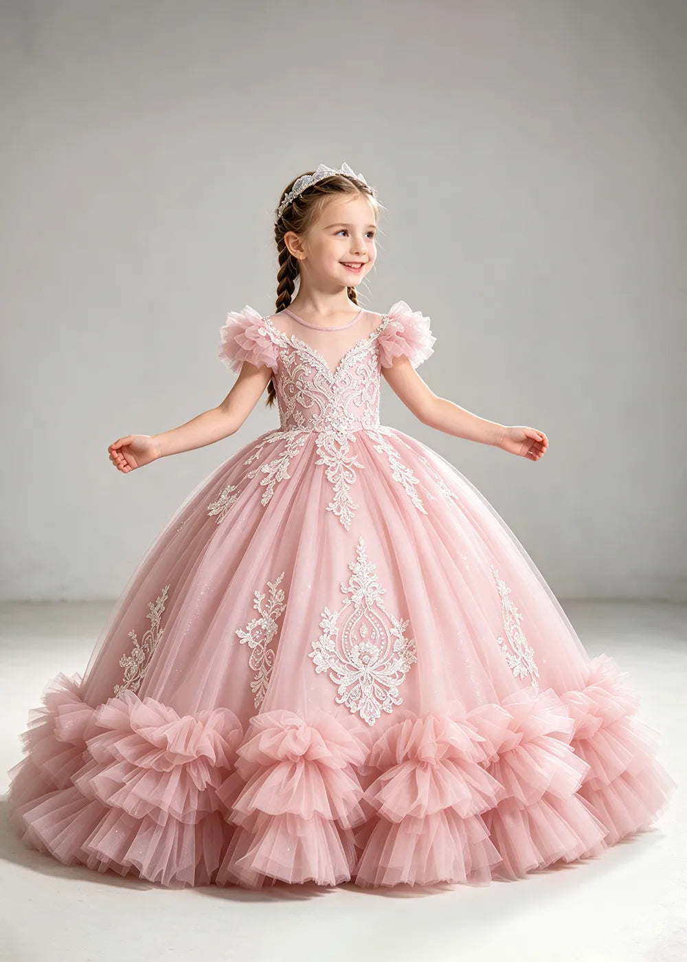 Muted Dusty Blue Flower Girl Ball Gown with White Floral Detail