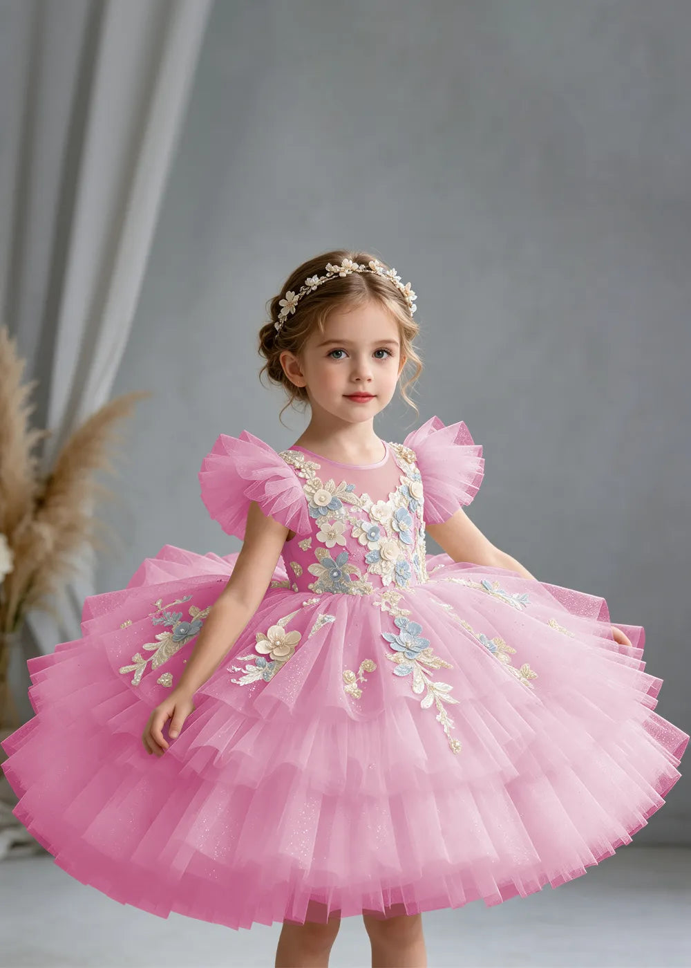 Flower girl dress in Pink, front view.