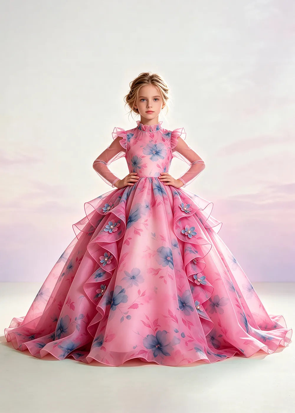 Blush Pink Floral Ruffle-Collar Flower Girl Dress