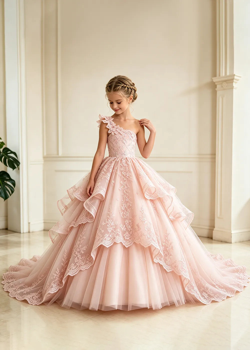 Floral Strap Tiered Lace Flower Girl Ball Gown Dress