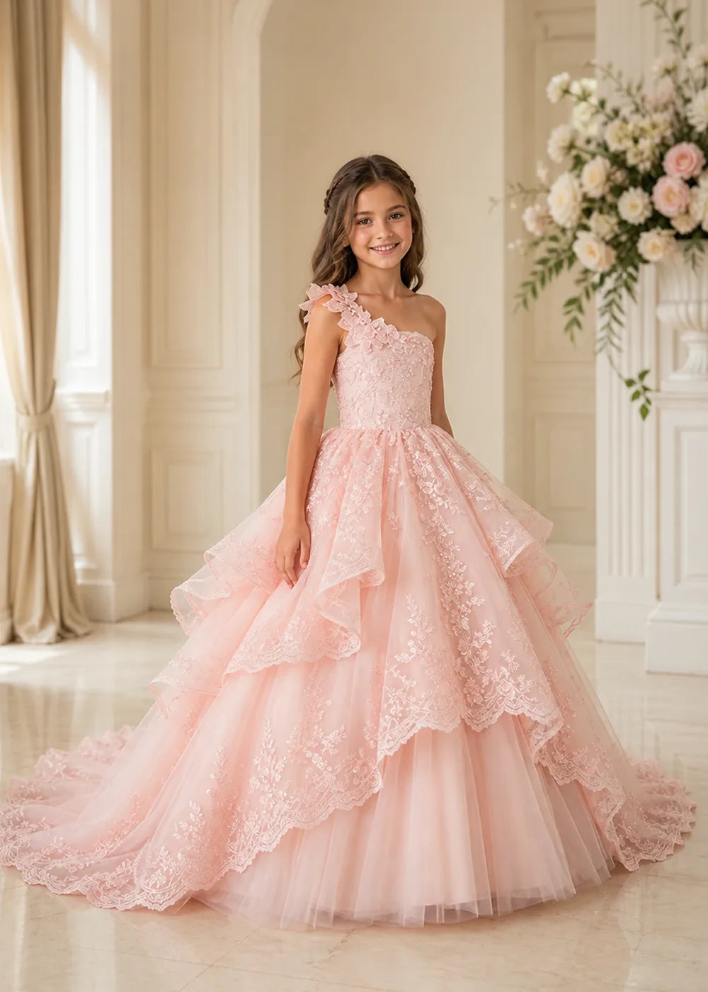 Floral Strap Tiered Lace Flower Girl Ball Gown Dress