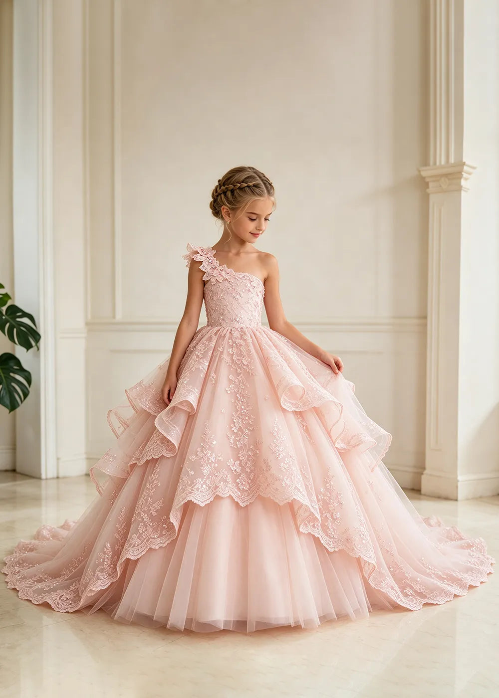 Floral Strap Tiered Lace Flower Girl Ball Gown Dress