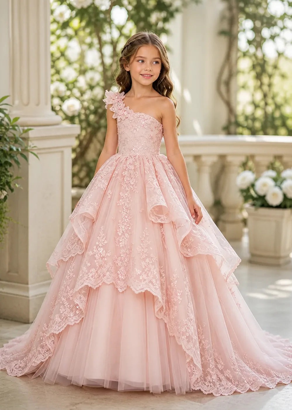 Floral Strap Tiered Lace Flower Girl Ball Gown Dress