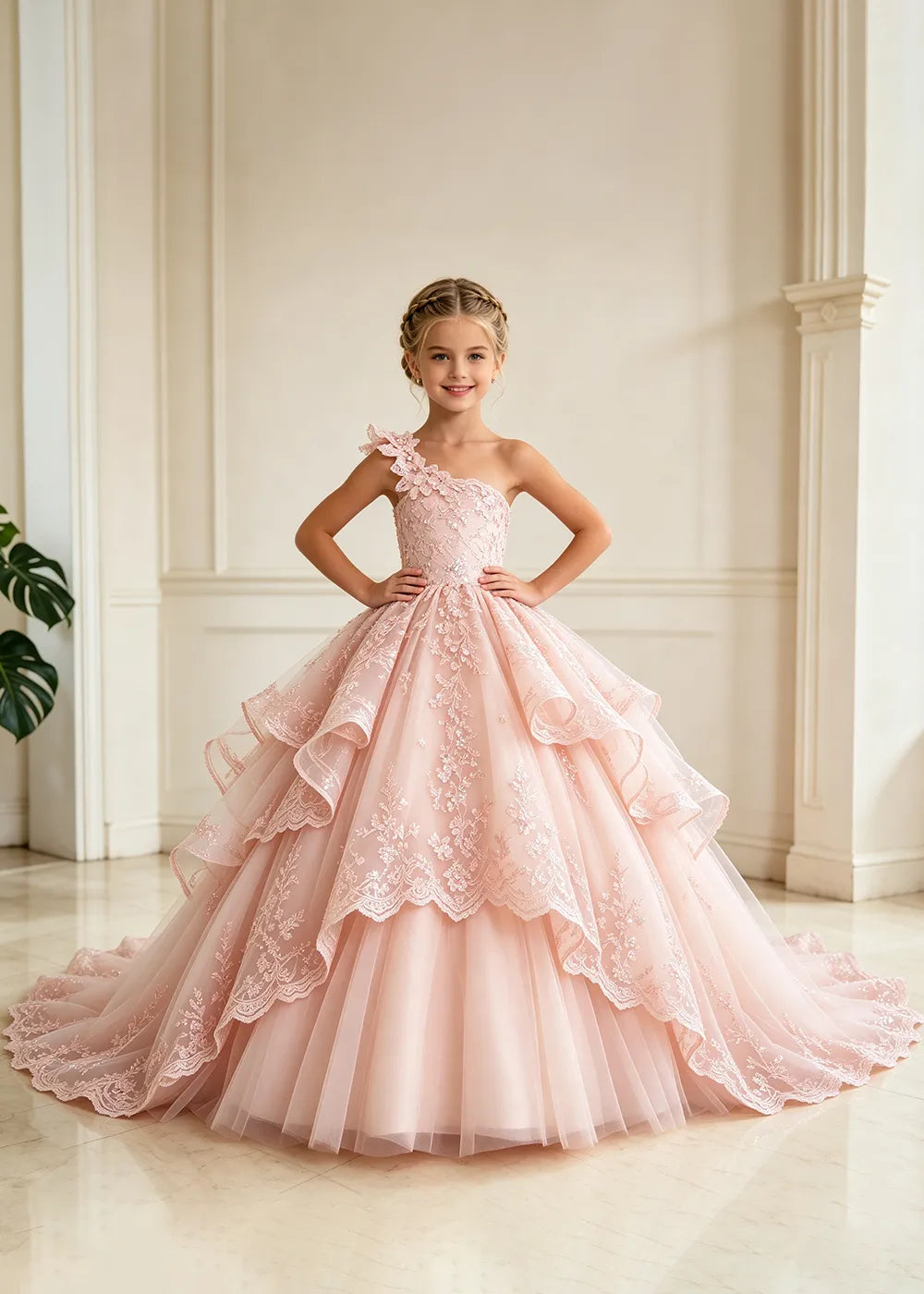 Floral Strap Tiered Lace Flower Girl Ball Gown Dress