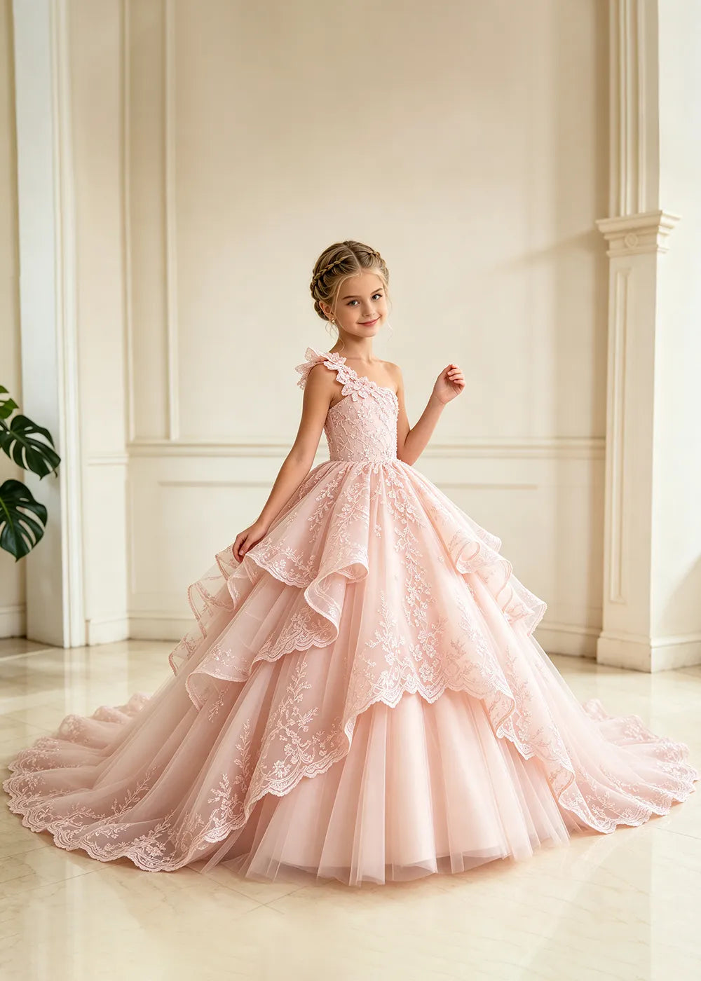 Floral Strap Tiered Lace Flower Girl Ball Gown Dress