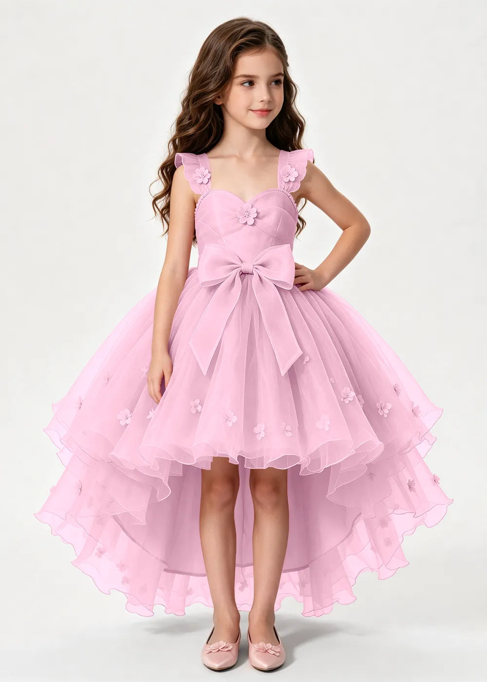 Dusty Rose High-Low Flower Girl Dress with Large Front Bow