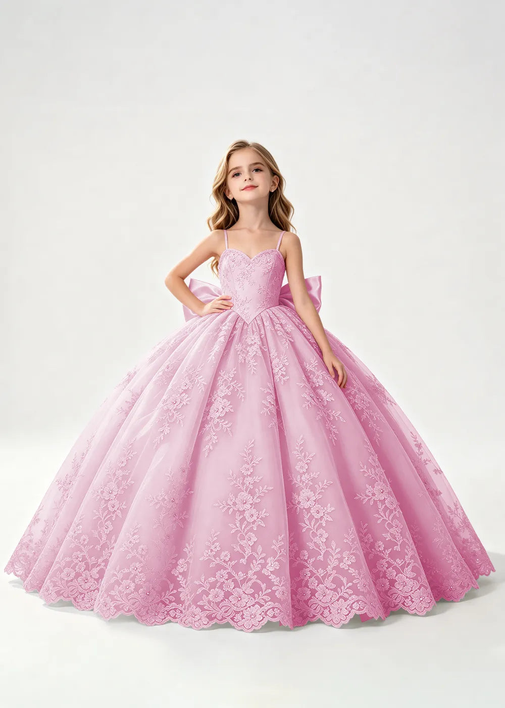 Flower girl dress in Pink, front view.