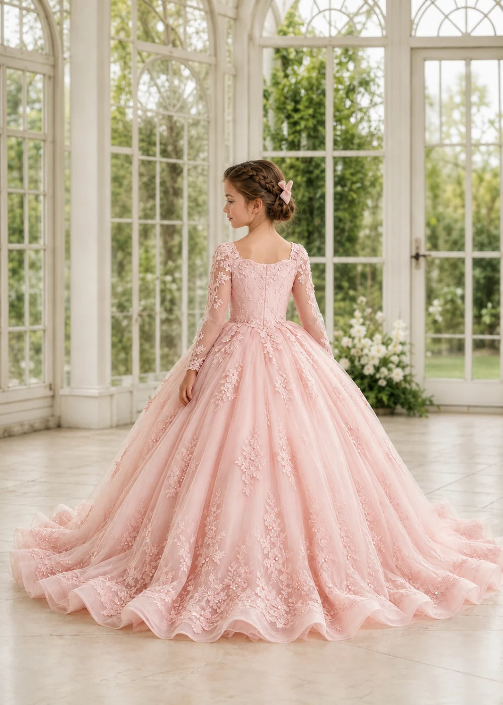 Flower Girl Dress with Long Lace Sleeves and Train