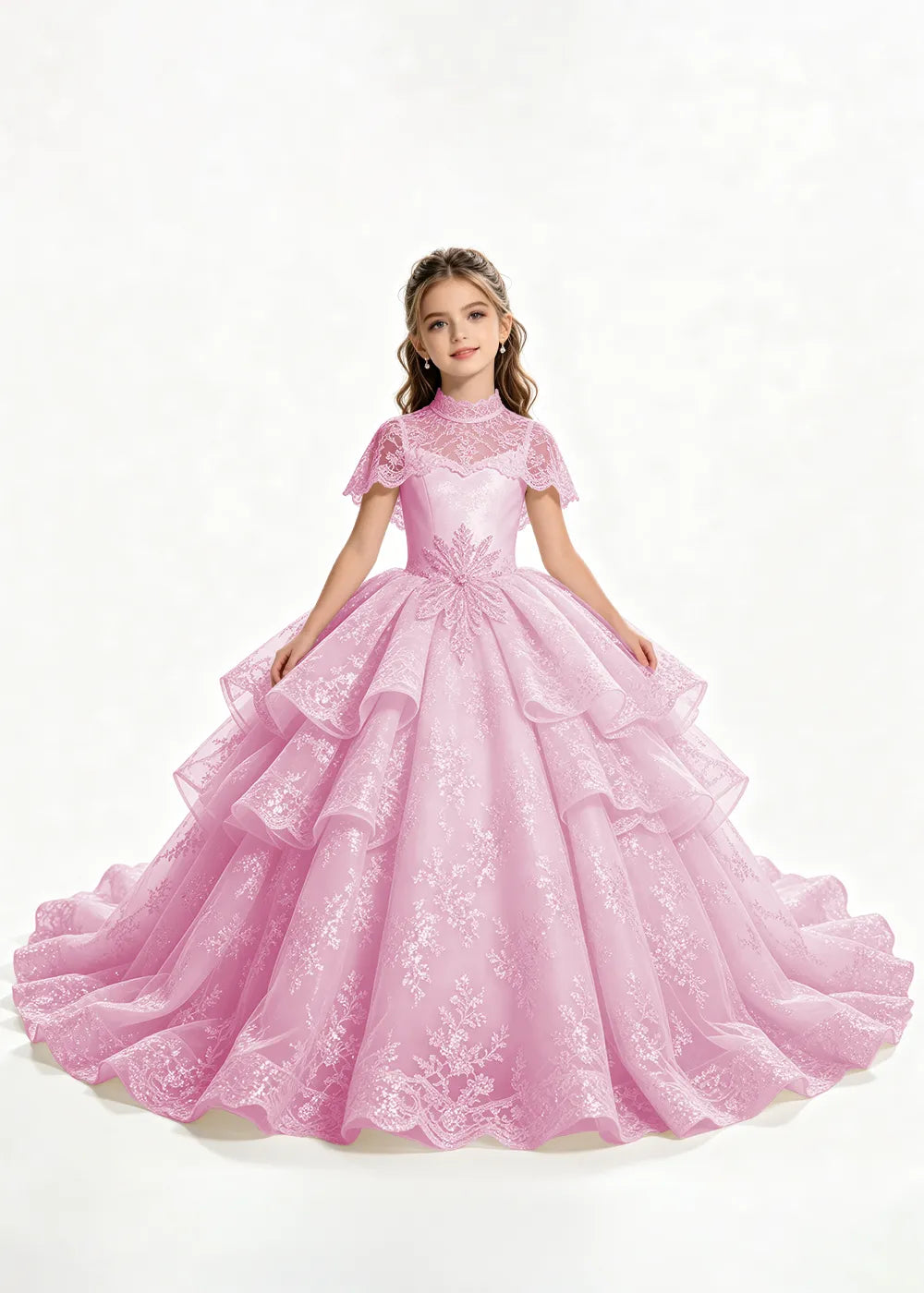 Flower girl dress in Pink, front view.