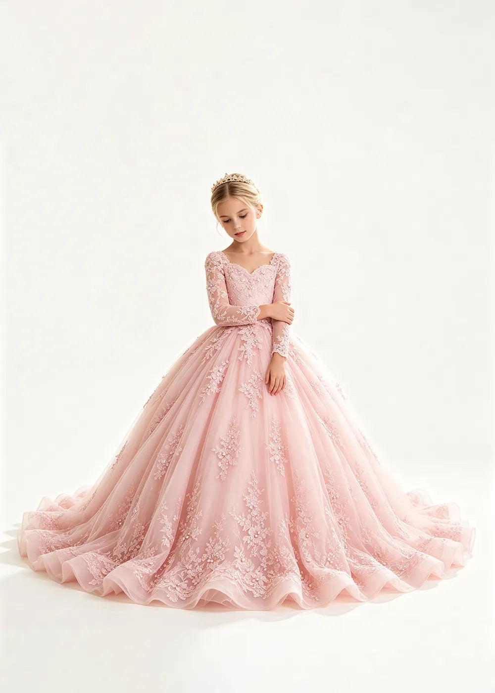 Flower Girl Dress with Long Lace Sleeves and Train