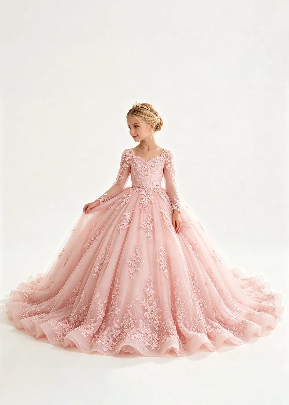 Flower Girl Dress with Long Lace Sleeves and Train