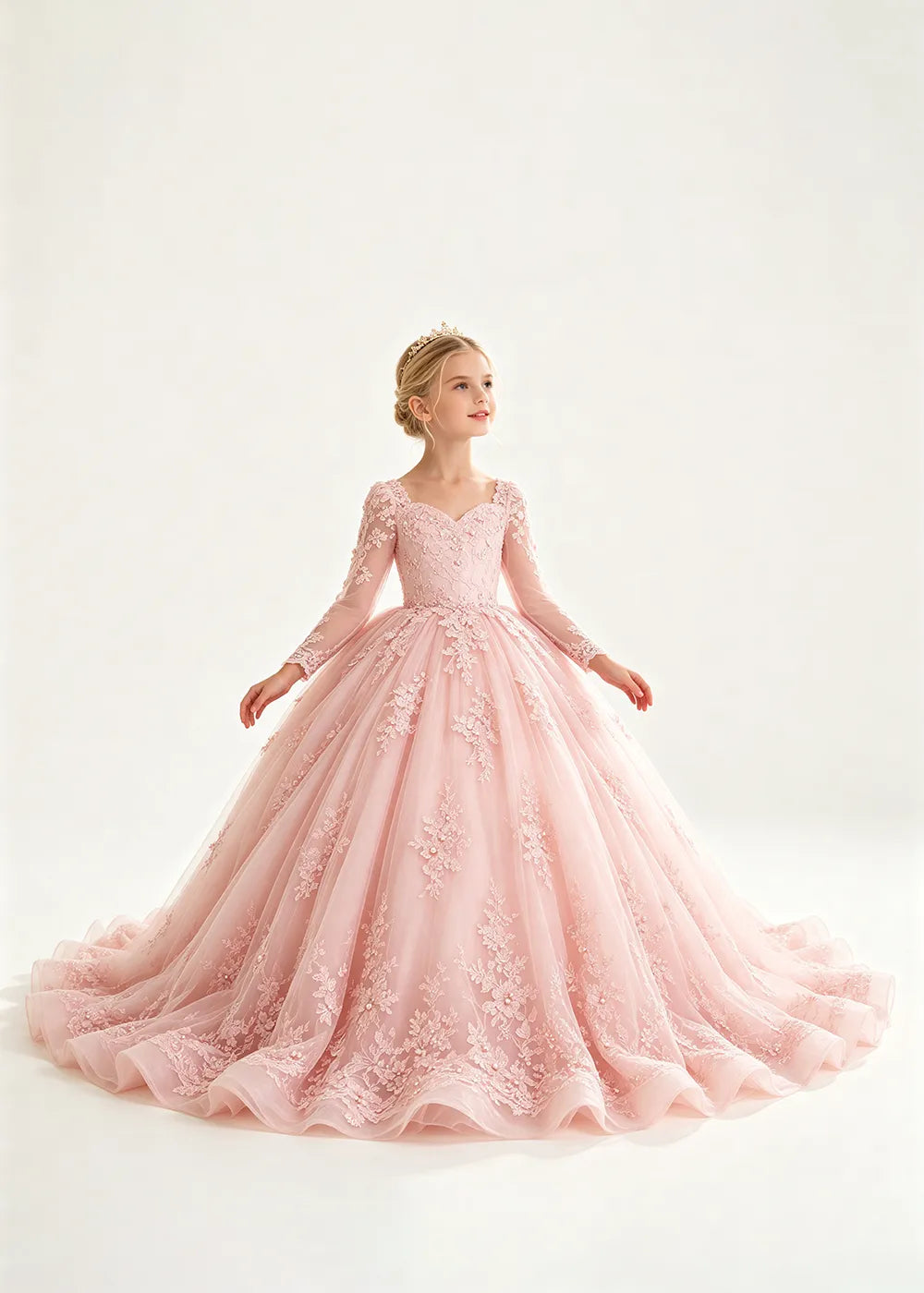 Flower Girl Dress with Long Lace Sleeves and Train