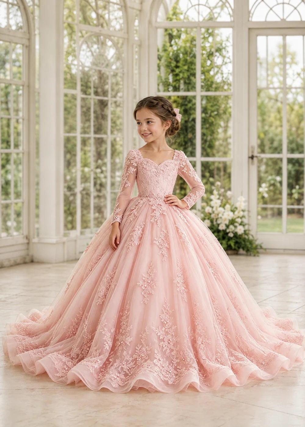 Flower Girl Dress with Long Lace Sleeves and Train