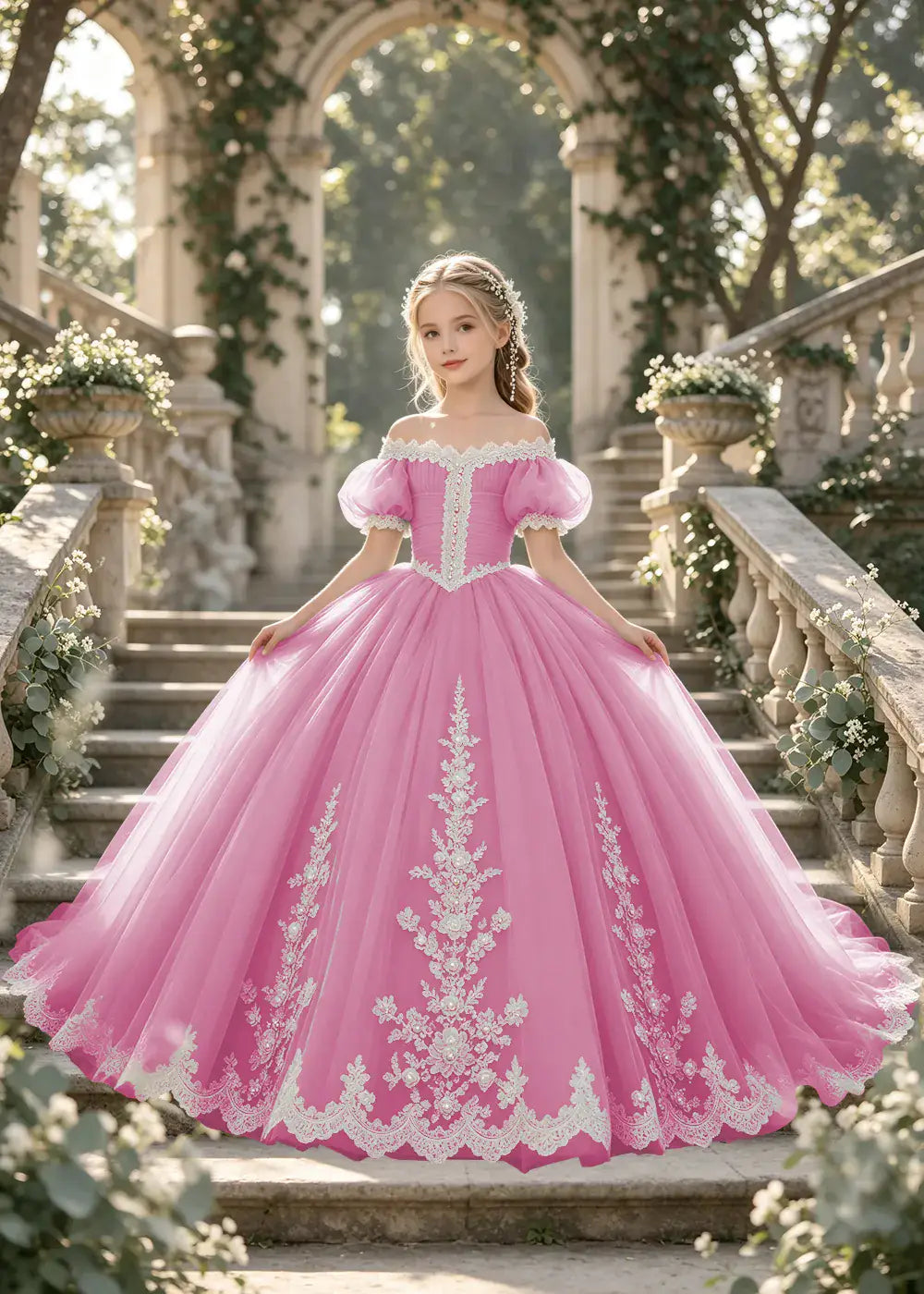 Flower girl dress in Pink, front view.