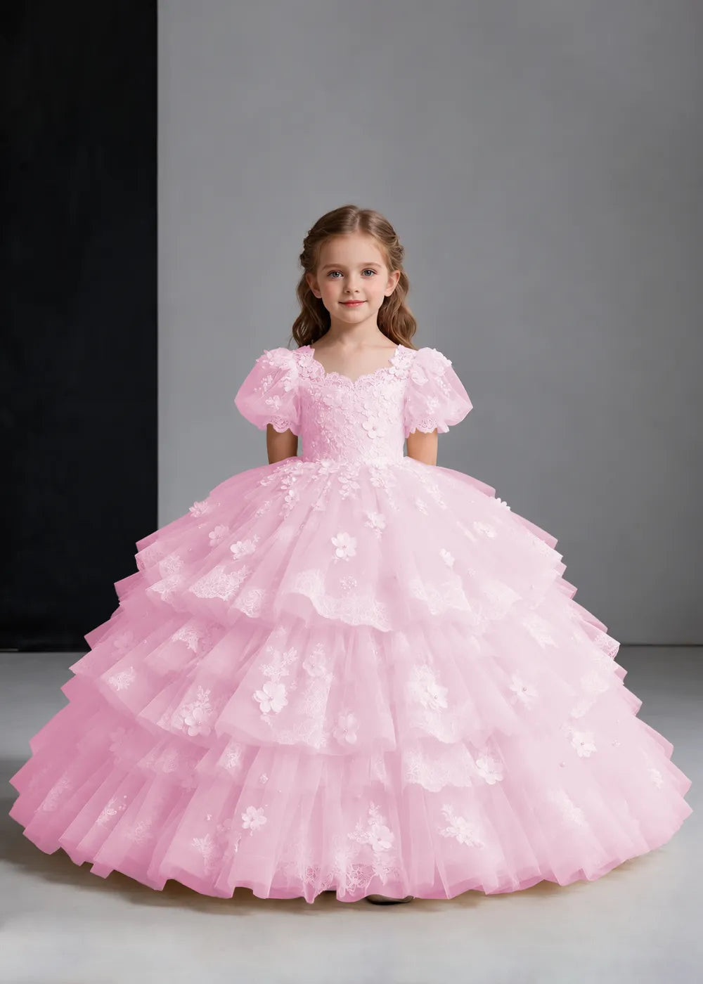 Flower girl dress in Pink, front view.