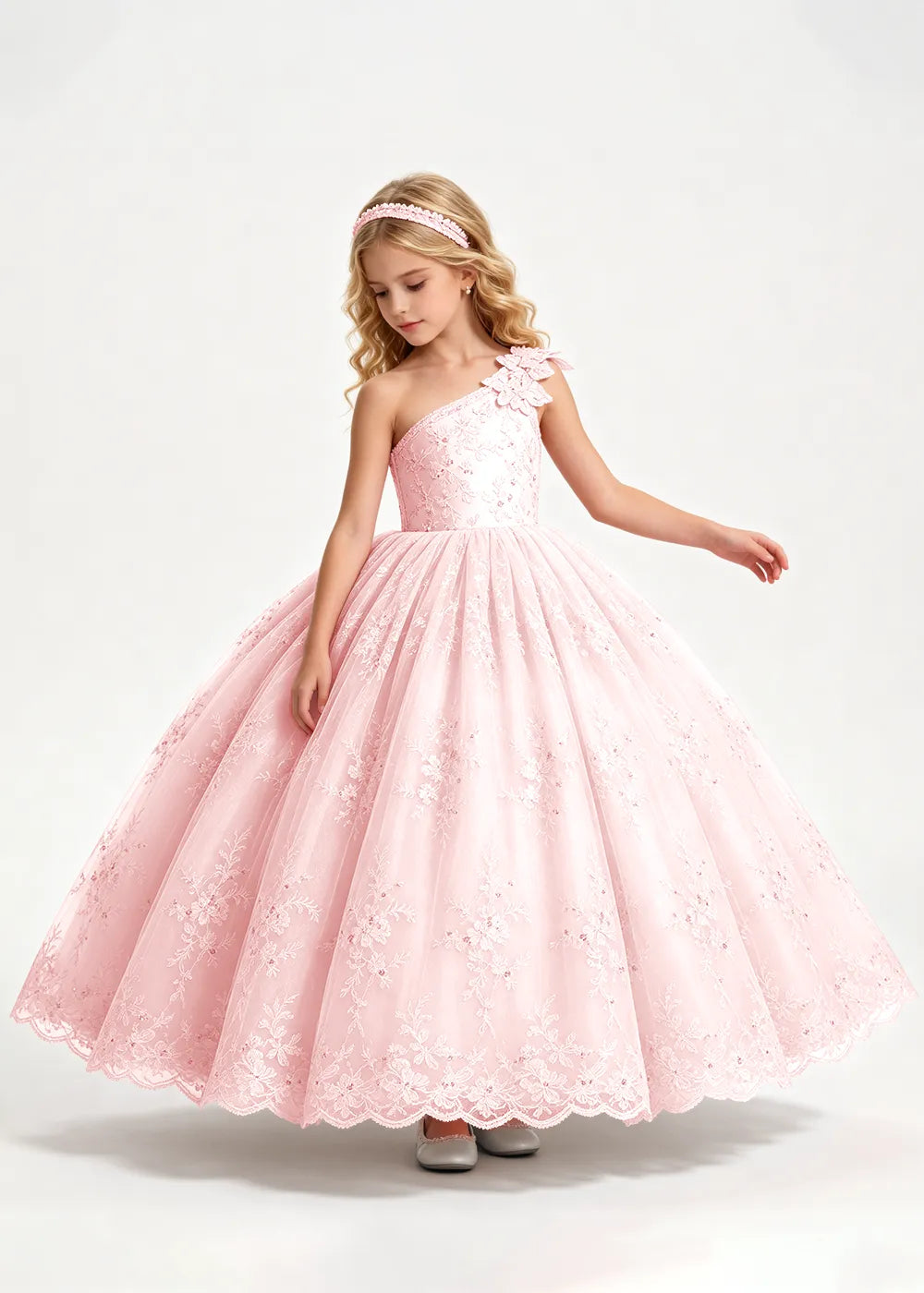 Warm Pale Blush One-Shoulder Flower Girl Gown with Scalloped Lace