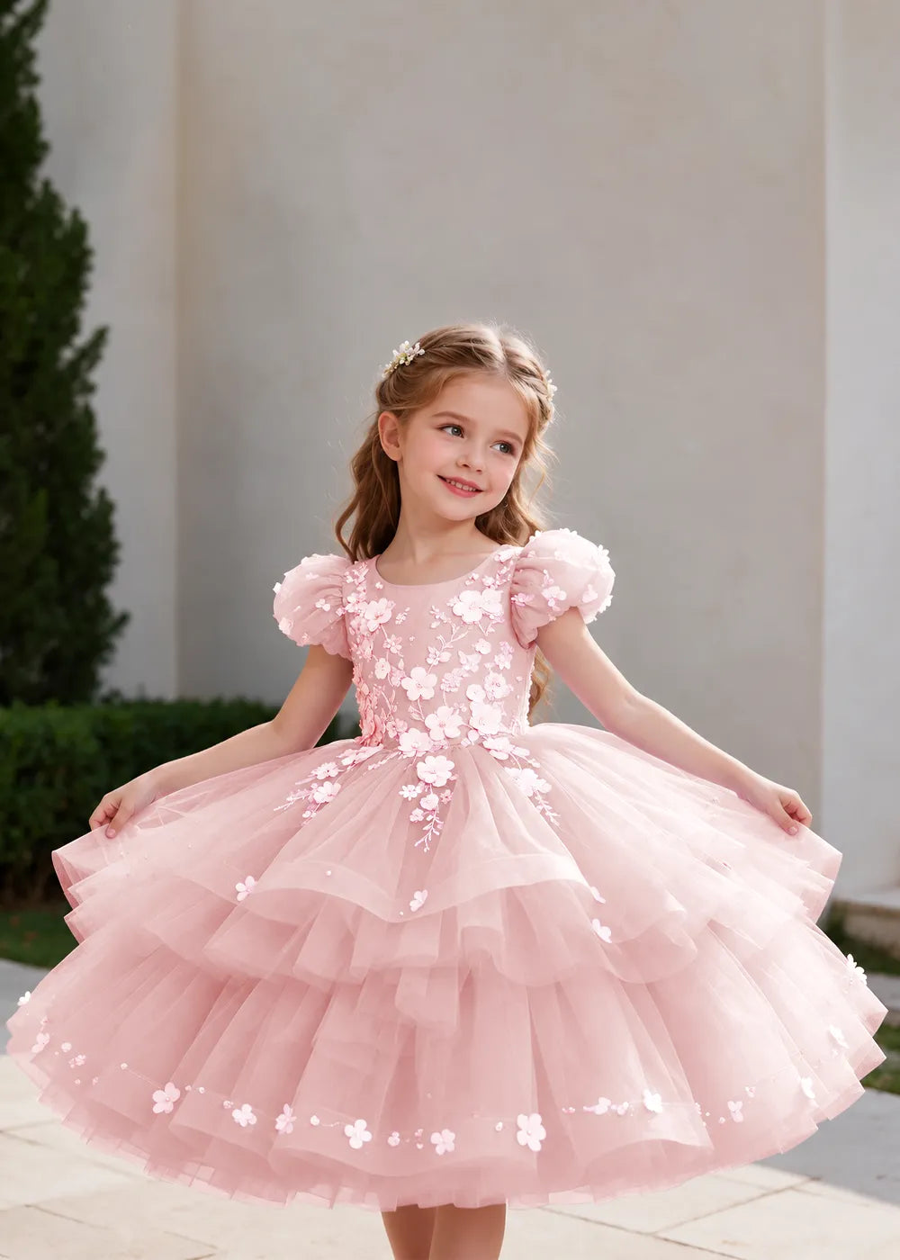 Pink Flower Girl Dress with Floral Trails and Ruffled Hem