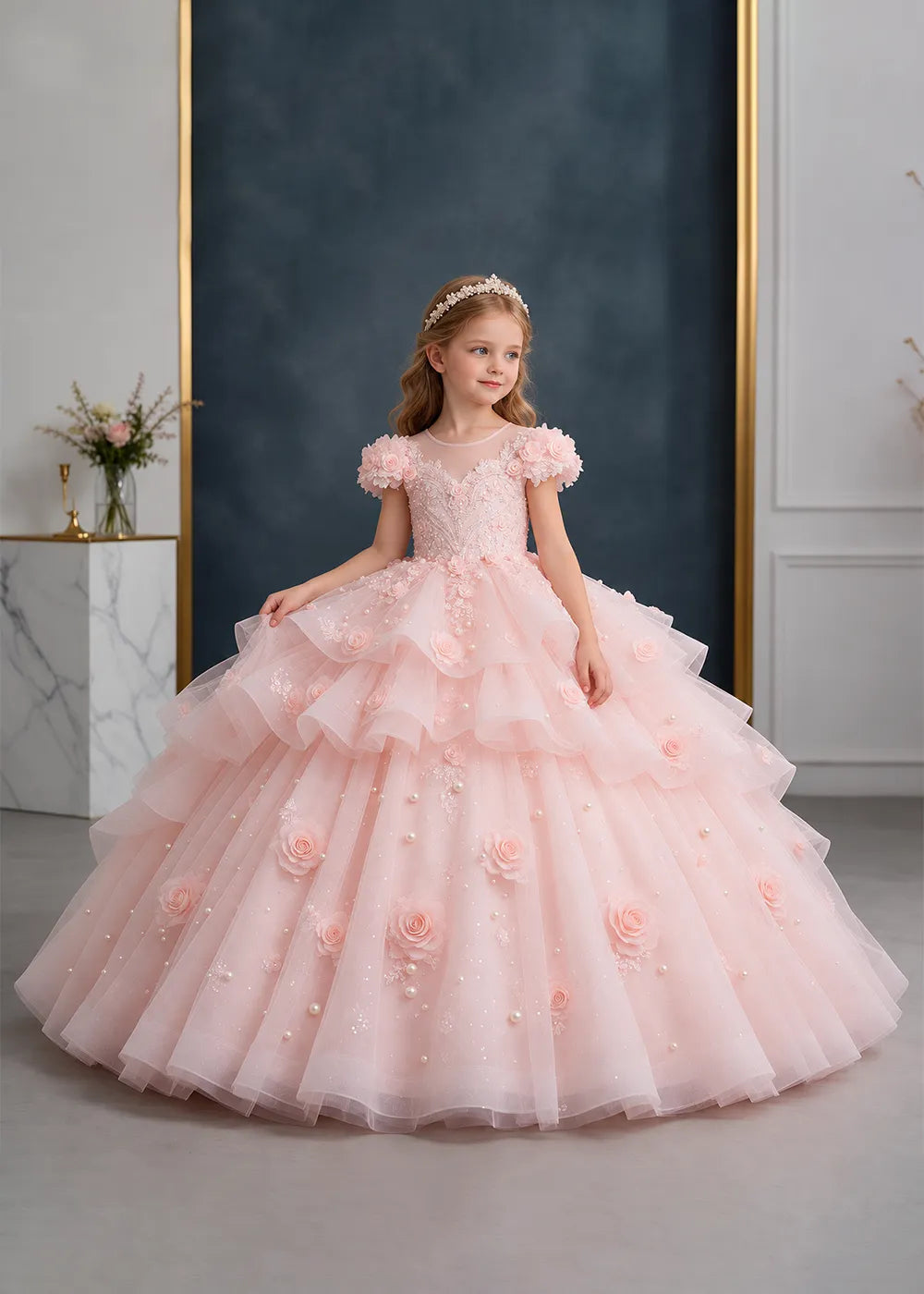 Pink Rose-Applique Flower Girl Ball Gown with Cascading Ruffles