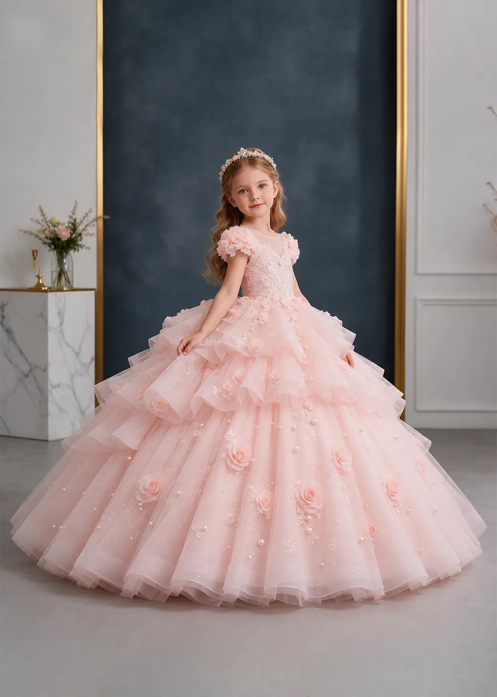 Pink Rose-Applique Flower Girl Ball Gown with Cascading Ruffles