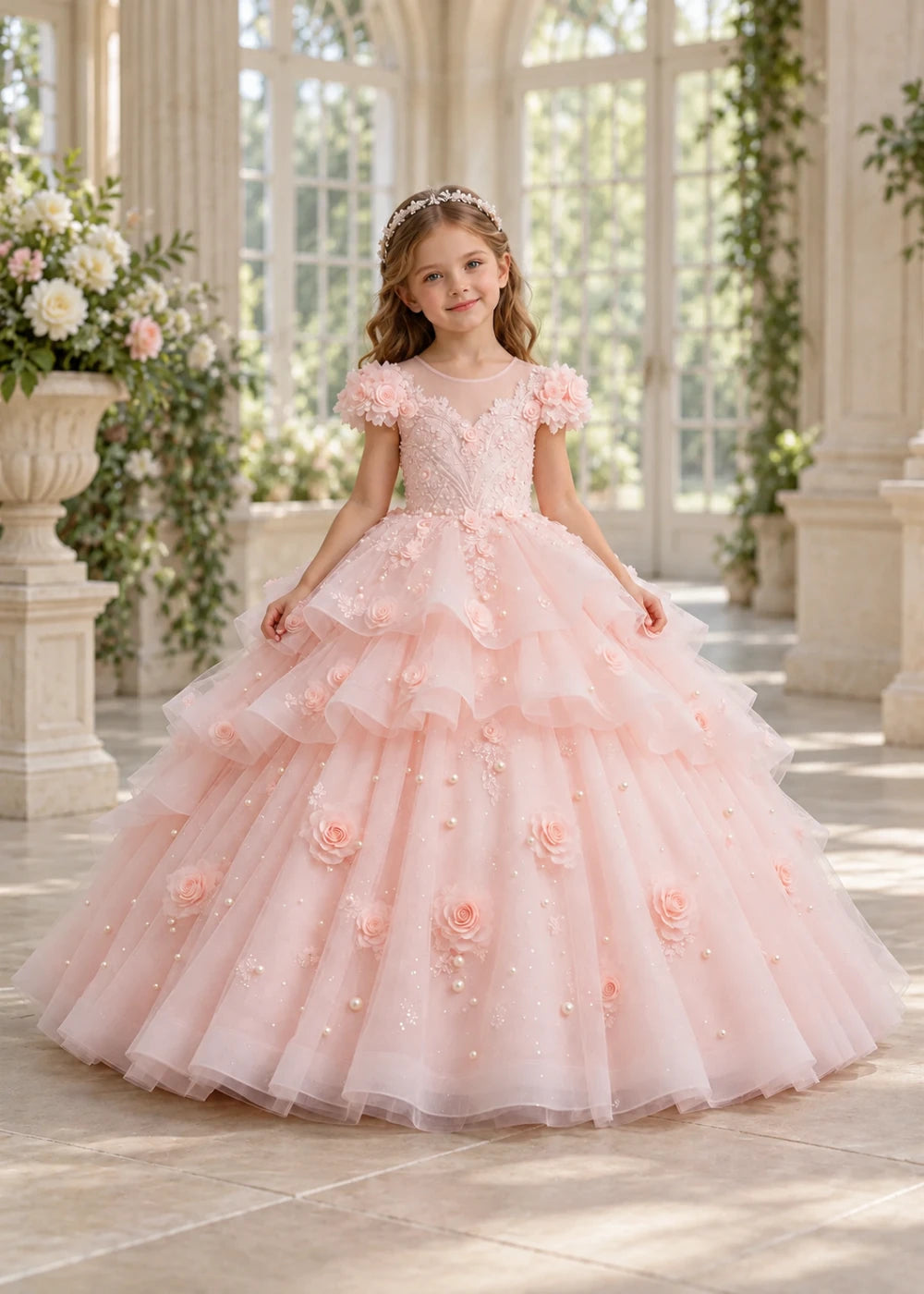 Pink Rose-Applique Flower Girl Ball Gown with Cascading Ruffles