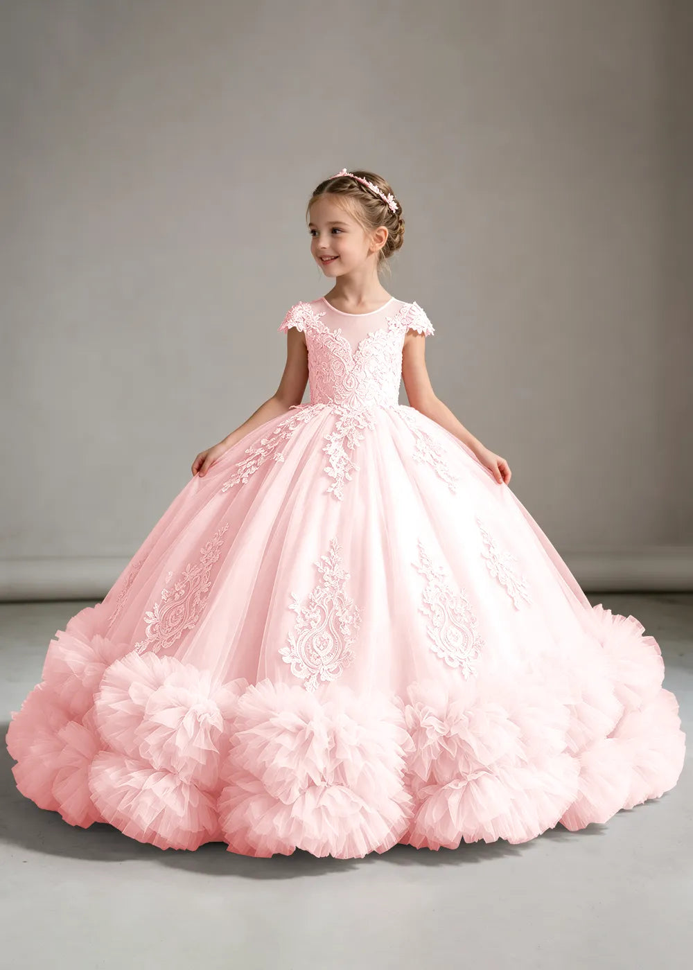 Pink Flower Girl Ball Gown with Floral Bodice and Ruffle Hem