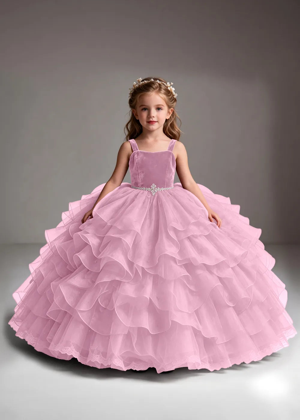 White Flower Girl Dress with Cascading Ruffles and a Square Neckline