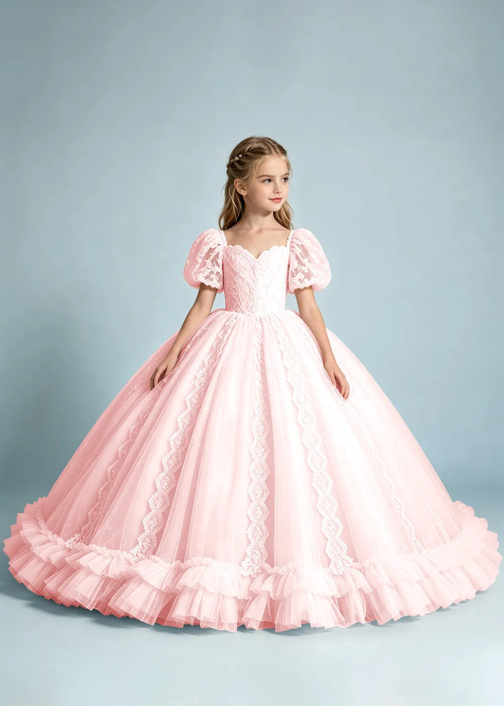Warm Ivory Flower Girl Gown with Puff Sleeves and Ruffled Hem