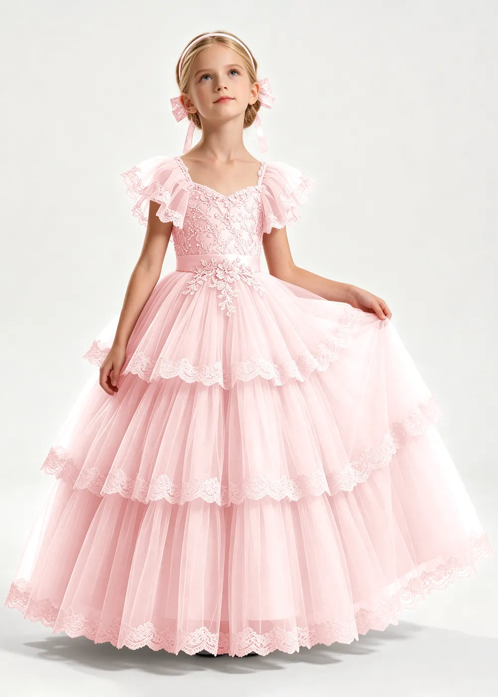 Warm Blush Pink Flower Girl Ball Gown with Three Lace-Edged Tiers