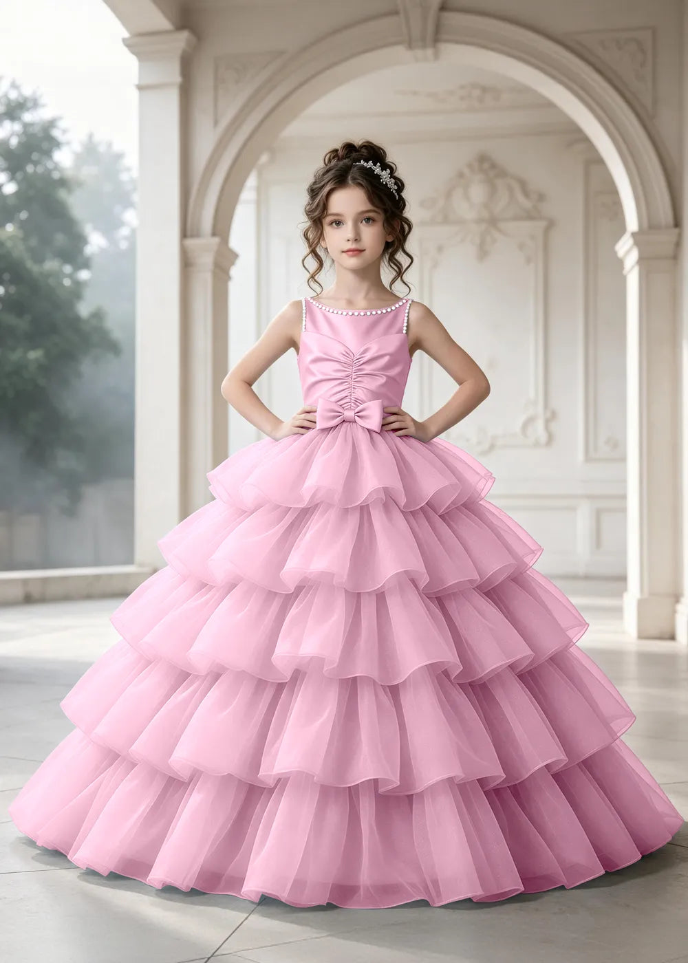 Flower girl dress in Pink, front view.